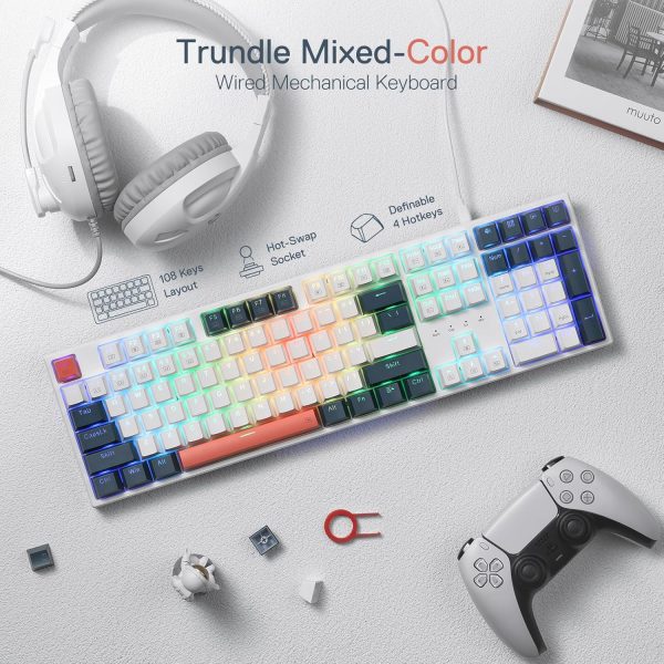 Redragon K668 RGB Gaming Keyboard, 108 Keys Wired Mechanical Keyboard w/Extra 4 Hotkeys, Sound Absorbing Foams, Upgraded Hot-swappable Socket, Mixed Color Keycaps x 2 Sets, Red Switch - Image 2