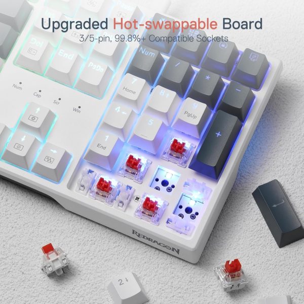 Redragon K668 RGB Gaming Keyboard, 108 Keys Wired Mechanical Keyboard w/Extra 4 Hotkeys, Sound Absorbing Foams, Upgraded Hot-swappable Socket, Mixed Color Keycaps x 2 Sets, Red Switch - Image 5