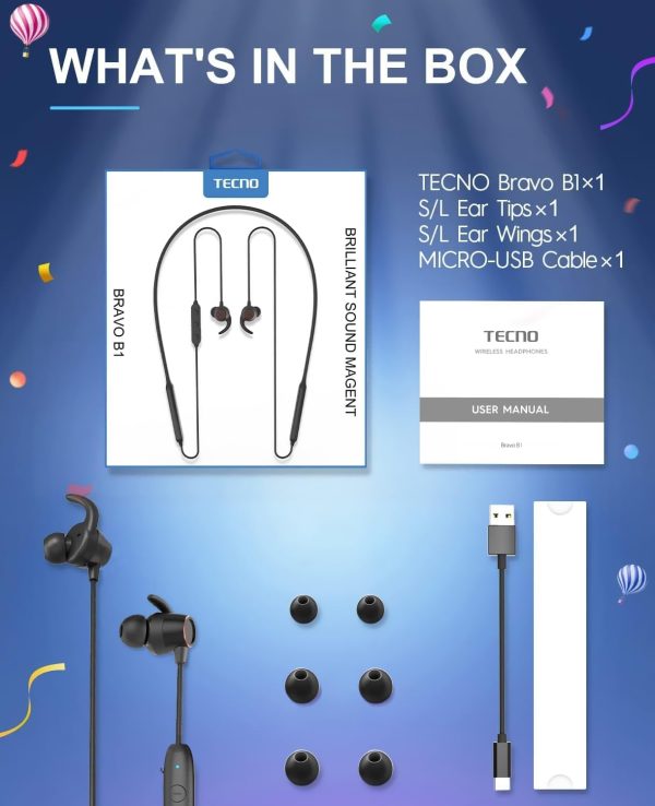 Tecno B1 Bluetooth Headphones, Bluetooth Earbuds Wireless with 60Hrs Playtime, Wireless Bluetooth Headphones for Sports, Sweatproof & IPX5 Waterproof Wireless Headphones（Black） - Image 9