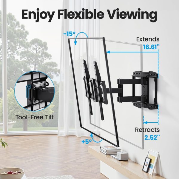 UL Listed Full Motion TV Wall Mount Bracket for Most 37-86 inch TVs, Swivel Tilt Extension Level TV Mount, Max VESA 600x400mm, Holds up to 132lbs & 16" Wood Studs with Hole Drilling Template - Image 5