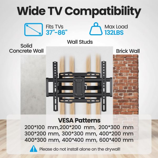 UL Listed Full Motion TV Wall Mount Bracket for Most 37-86 inch TVs, Swivel Tilt Extension Level TV Mount, Max VESA 600x400mm, Holds up to 132lbs & 16" Wood Studs with Hole Drilling Template - Image 8