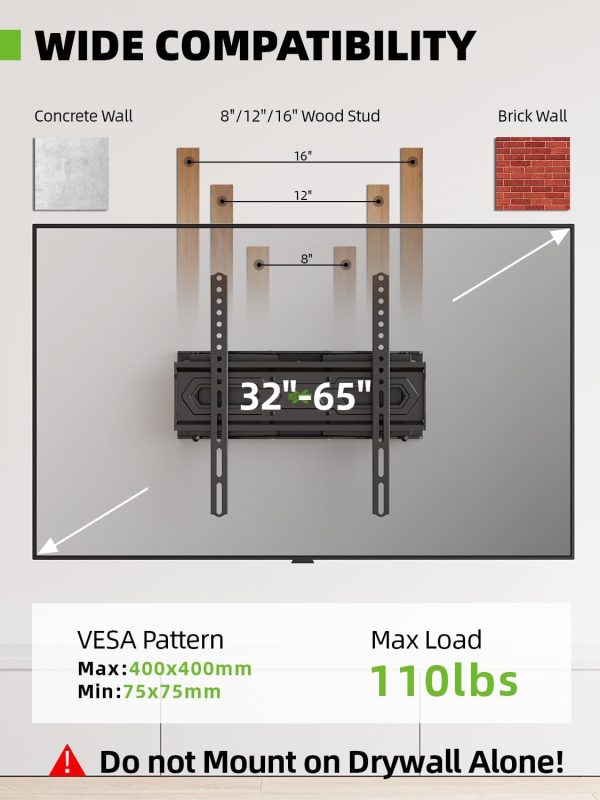 USX MOUNT TV Wall Mount for 32-65 inch Flat Screen/LED/4K up to 110lbs, Full Motion TV Mount Bracket with Swivel & Tilt Articulating Dual Arms, Max VESA 400x400mm, Fits 12/16" Wood Studs - Image 2