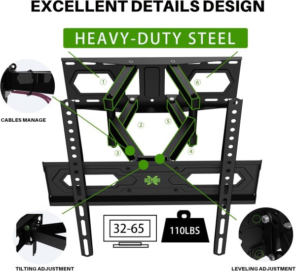 USX MOUNT TV Wall Mount for 32-65 inch Flat Screen/LED/4K up to 110lbs, Full Motion TV Mount Bracket with Swivel & Tilt Articulating Dual Arms, Max VESA 400x400mm, Fits 12/16" Wood Studs - Image 9